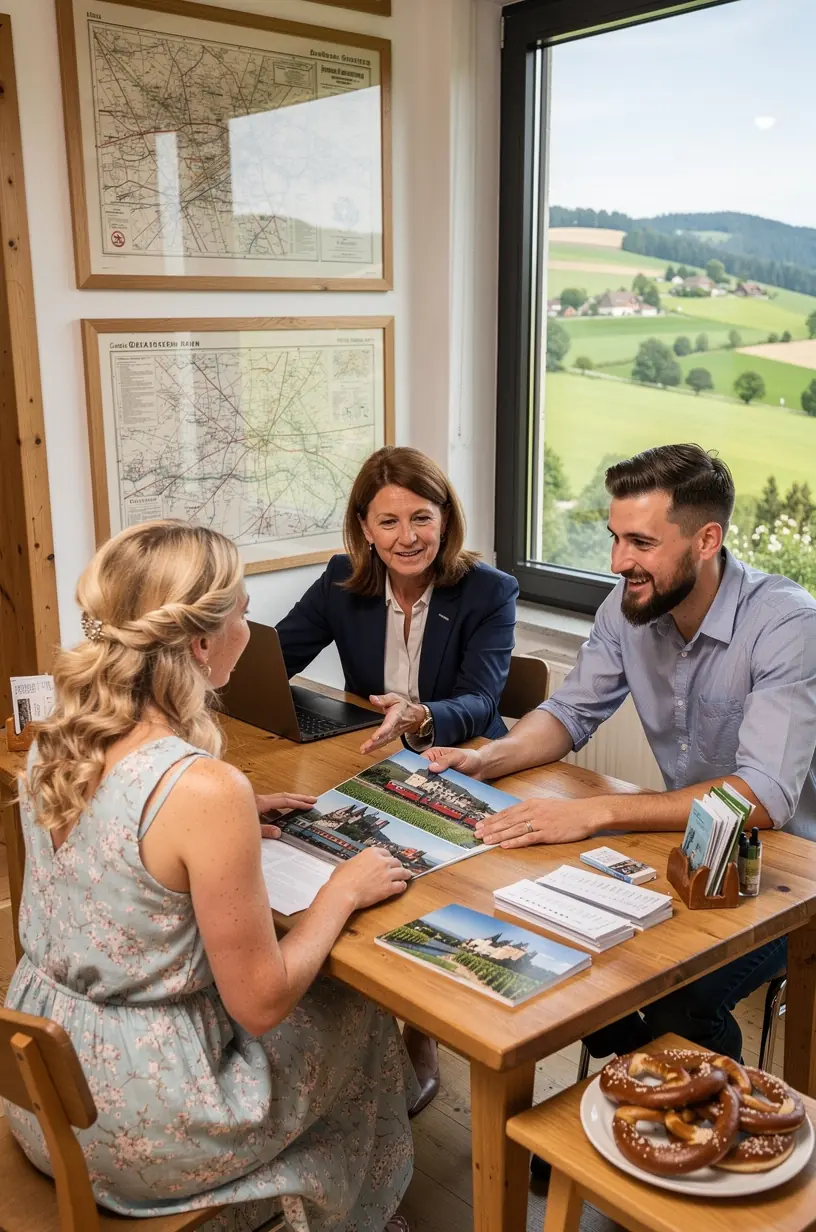 Beratungsszene in einem Reisebüro mit freundlichem Experten, der individuelle Zugreisen durch Deutschland erklärt.
